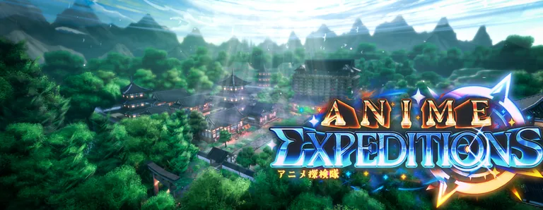 Paisaje de Anime Expeditions y logotipo oficial del juego